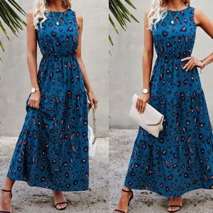 Blue leopard print ruffle hem A-line dress